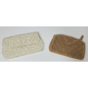 2 - Vtg Faux Seed Pearl Beaded Clutch Purses Hand Bags Satin DuBarry Champagne